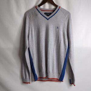 Original Penguin Men's 100% Merino Wool V-Neck Sweater Grey/Red/Blue, Large